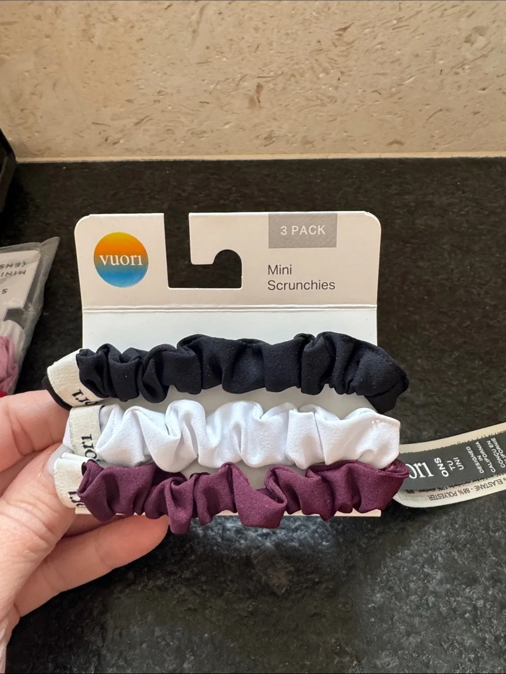 Vuori Mini Scrunchies 3-Pack in Black, White, and Plum